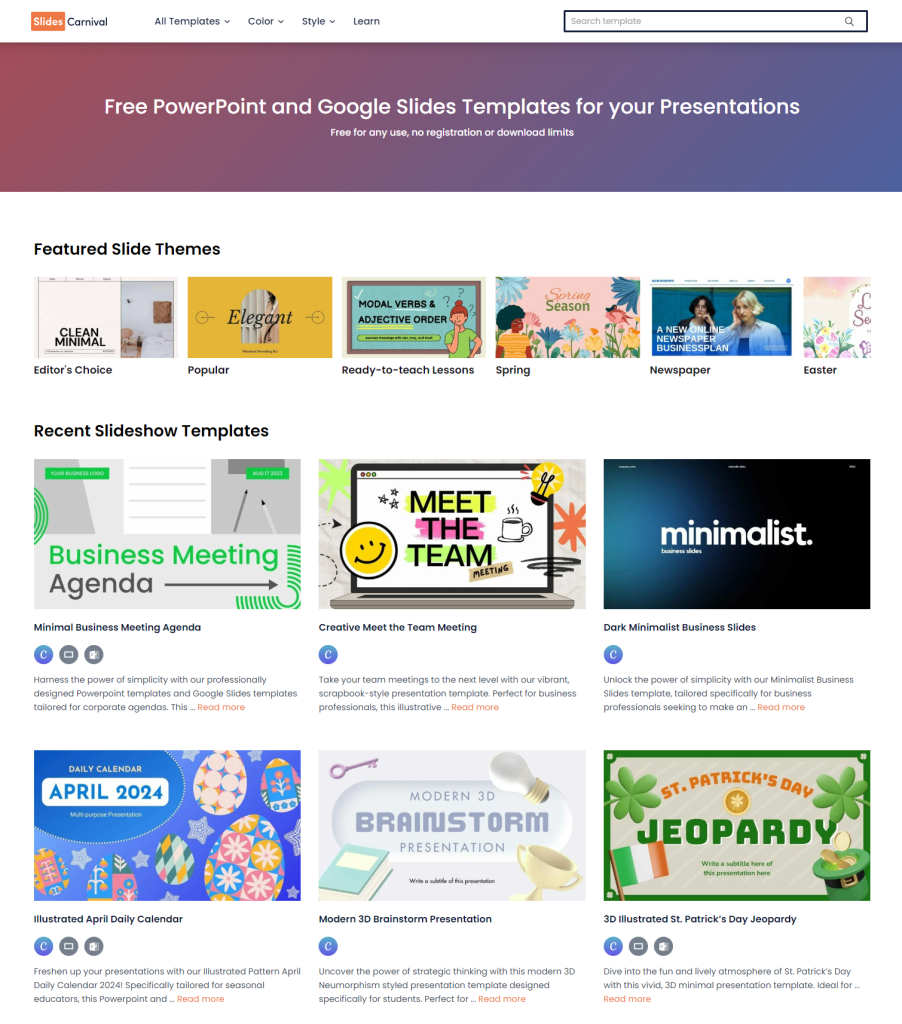 PPT 템플릿 슬라이드카니발 목록